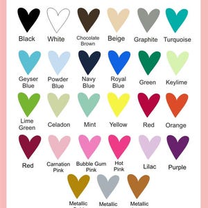 May include: A color chart displaying matte finish color options. Each color is represented by a heart shape, with names like Black, White, and Red. Metallic Gold, Silver, and Copper are also included. The text "Oracal 631" is at the bottom.