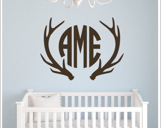 Antler Monogram Decal Nursery Wall Decal Bedroom Decal Antlers Buck Hunting Decal Personalized Decal Wall Decor Home & Living Wall Decals