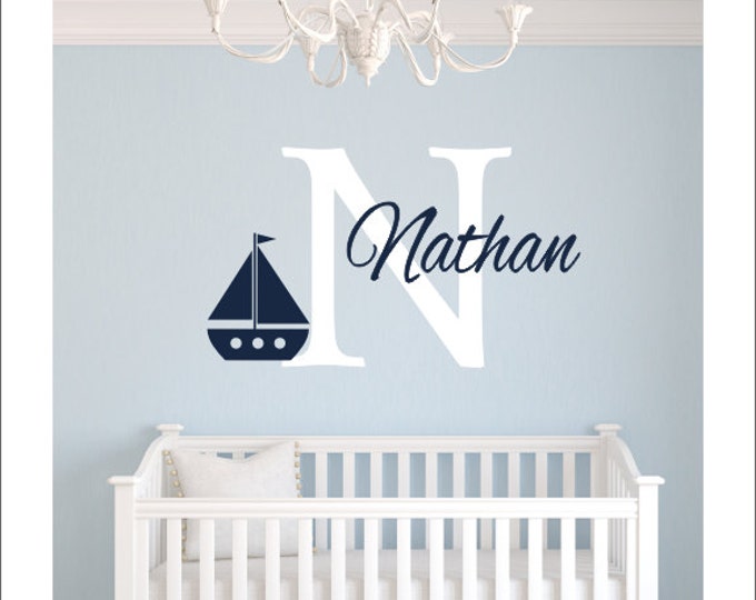 Personalized Sailboat Decal Nautical Sailboat Vinyl Wall Decal Kids Nursery Bedroom Wall Monogram Wall Decal Girls Boys Housewares