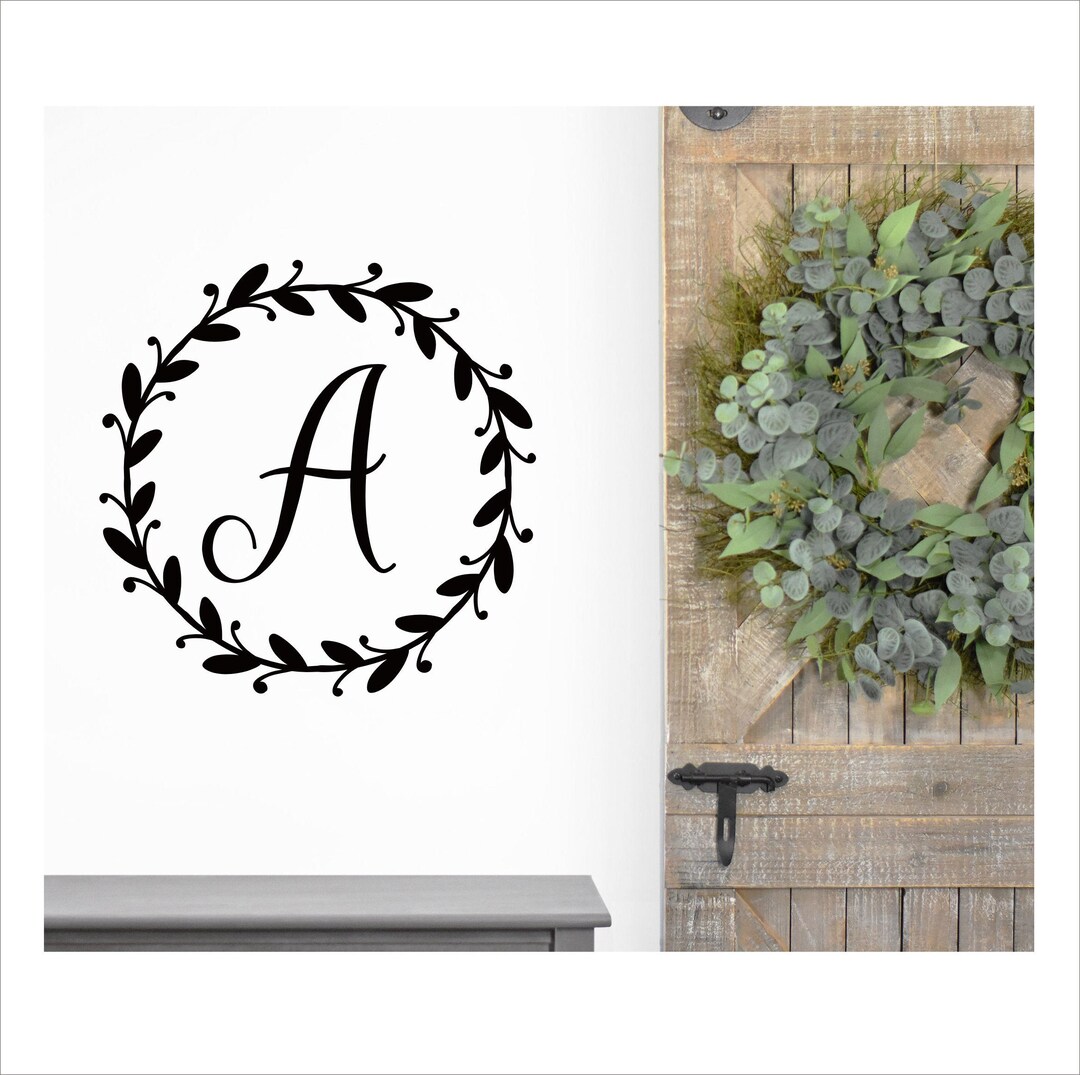 Farmhouse Monogram Decal Family Name Initial Laurel Wreath Decal for