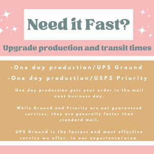 Może przedstawiać: R&oacute;żowa grafika z białymi ikonami gwiazdek i tekstem Need it Fast? Upgrade production and transit times. Wymienia One day production/UPS Ground oraz One day production/USPS Priority, zaznaczając, że są to usługi szybsze niż standardowa poczta.