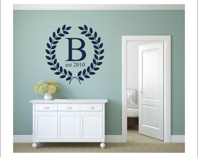 Laurel Wreath Monogram Vinyl Wall Decal Vinyl Decal Housewares Personalized Initial Est Year Date Vinyl Decal Wreath Crest Decal