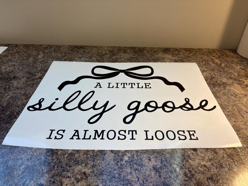 May include: White rectangular sign with black text that reads "A LITTLE silly goose IS ALMOST LOOSE". The text is in a mix of cursive and block letters, with a decorative bow above the word "A LITTLE".