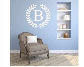 Monogram Vinyl Decal Monogram Wall Decal Wreath Initial Laurel Wreath Vinyl Wall Decal Personalized Custom Initial Family Initial Housewares