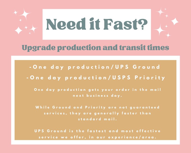 May include: Pink background with white text that reads "Need it Fast?" and "Upgrade production and transit times." Additional text details one-day production options with UPS Ground and USPS Priority.