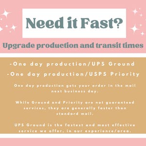 May include: Pink and tan graphic with text that reads "Need it Fast?" and "Upgrade production and transit times." Additional text details one-day production options with UPS Ground and USPS Priority services.