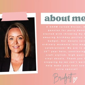 May include: A headshot of a woman with blonde hair, wearing a black blazer and a white shirt. The image is on a white background with a pink border and text that reads "about me!" and a description of the business.