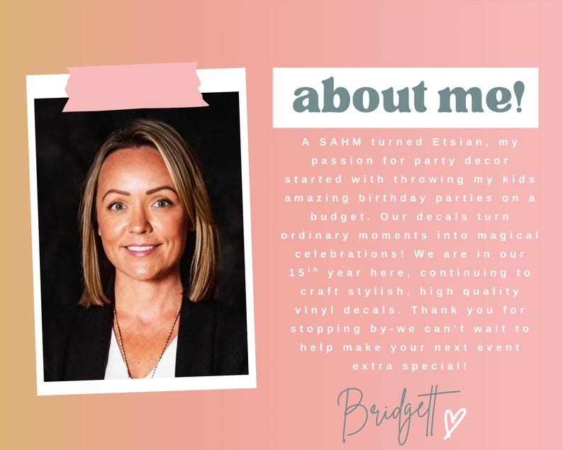May include: A headshot of a woman with blonde hair, wearing a black blazer and a white shirt. The image is on a white background with a pink border and text that reads "about me!" and a description of the business.