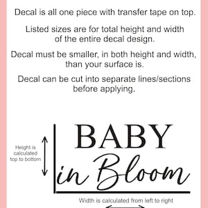 Puede incluir: Un gr&aacute;fico instructivo titulado HOW TO SELECT SIZING con texto negro sobre fondo blanco. Explica que la calcoman&iacute;a es de una sola pieza con cinta de transferencia y proporciona orientaci&oacute;n sobre c&oacute;mo medir la altura y el ancho del texto BABY in Bloom.