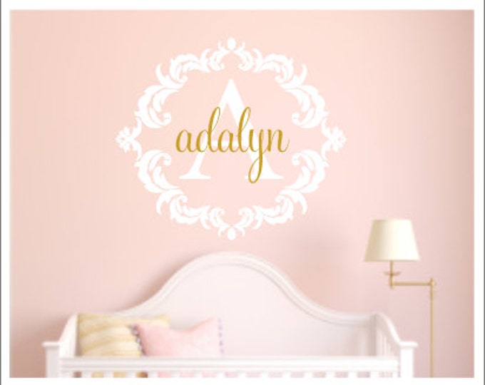 Personalized Damask Decal Vinyl Wall Decal Nursery Decal Bedroom Decal Girls Children Baby Vinyl Wall Decal Wall Decor Damask Monogram Decal