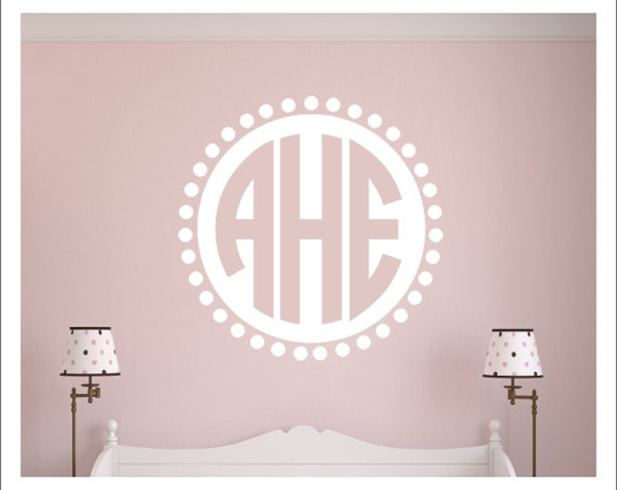 Monogram Wall Decal Vinyl Wall Decal Wall Monogram Circle Monogram with Polka Dot Border Boy Girl Nursery Decal Bedroom Decal Housewares