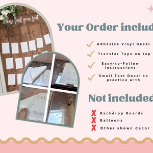 Puede incluir: Un gr&aacute;fico informativo sobre un fondo rosa claro que detalla el contenido del producto. Enumera una calcoman&iacute;a de vinilo adhesivo, cinta de transferencia, instrucciones y una calcoman&iacute;a de prueba, indicando que los paneles no est&aacute;n incluidos.