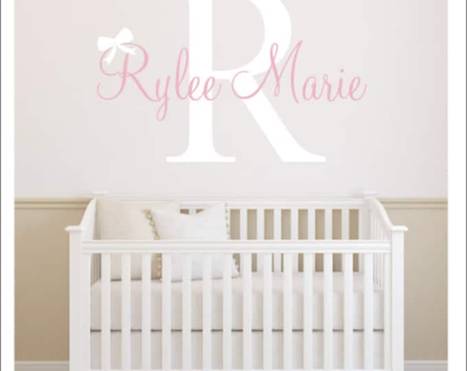 Personalized Wall Decal Baby Nursery Decal Gender Neutral Decal Children Kids Wall Decal Initial Name with Bow Decal Girly Wall Decal Vinyl