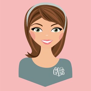 May include: Illustration of a woman with brown hair, green eyes, and a light blue headband. She wears a gray top with a white monogram. The background is a solid pink color.