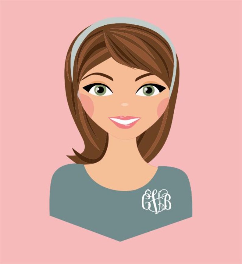 May include: Illustration of a woman with brown hair, green eyes, and a light blue headband. She wears a gray top with a white monogram. The background is a solid pink color.