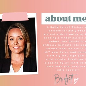 May include: A headshot of a woman with blonde hair, wearing a black blazer and a white shirt. The image is on a white background with a pink border and text that reads "about me!" and a description of the business.