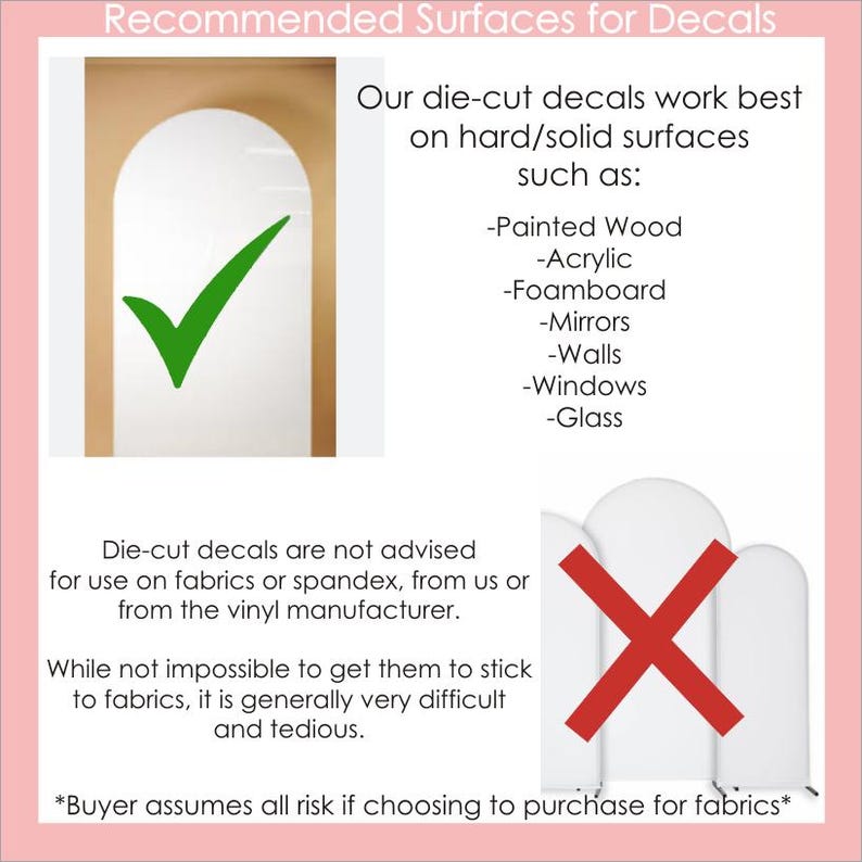 May include: Image detailing recommended surfaces for die-cut decals, including painted wood, acrylic, and glass. A green checkmark indicates suitable surfaces, while a red X marks unsuitable ones. Text advises against using decals on fabrics.