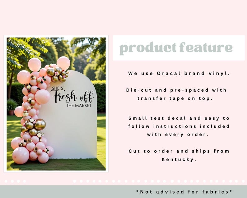 May include: A white arch-shaped sign with the text "She's Fresh off the Market" is decorated with pink and gold balloons. The sign is set up on a green lawn with trees in the background.