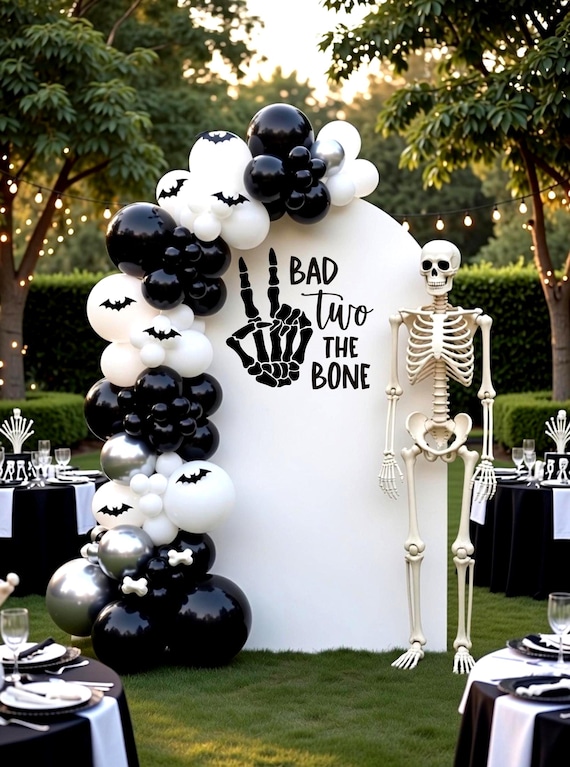 Bad Two the Bone Decal- Skeleton Hand 2nd Birthday Party Vinyl- Arch Backdrop fr Halloween Birthday
