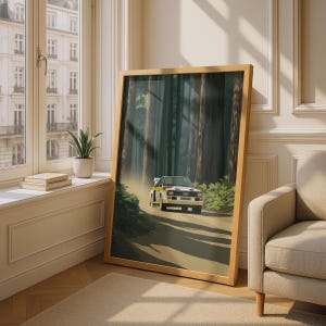 May include: A framed vertical wall art print featuring a white, yellow, and black rally car driving on a dirt path through a dense forest of tall trees. The car is positioned in the center of the composition, surrounded by green foliage and shadows.