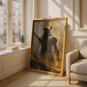 Peut inclure: Une impression d'art mural verticale encadrée représentant une illustration sombre aux tons dorés d'un personnage portant un masque jaune et noir avec des oreilles pointues et des griffes métalliques, sur un fond brumeux et atmosphérique.