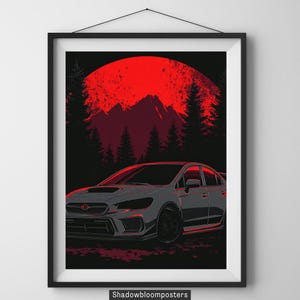 May include: Framed art print featuring a gray car with red accents set against a backdrop of a red sun, mountains, and silhouetted trees. The artwork is in a minimalist style, with the text "Shadowbloomposters" at the bottom.