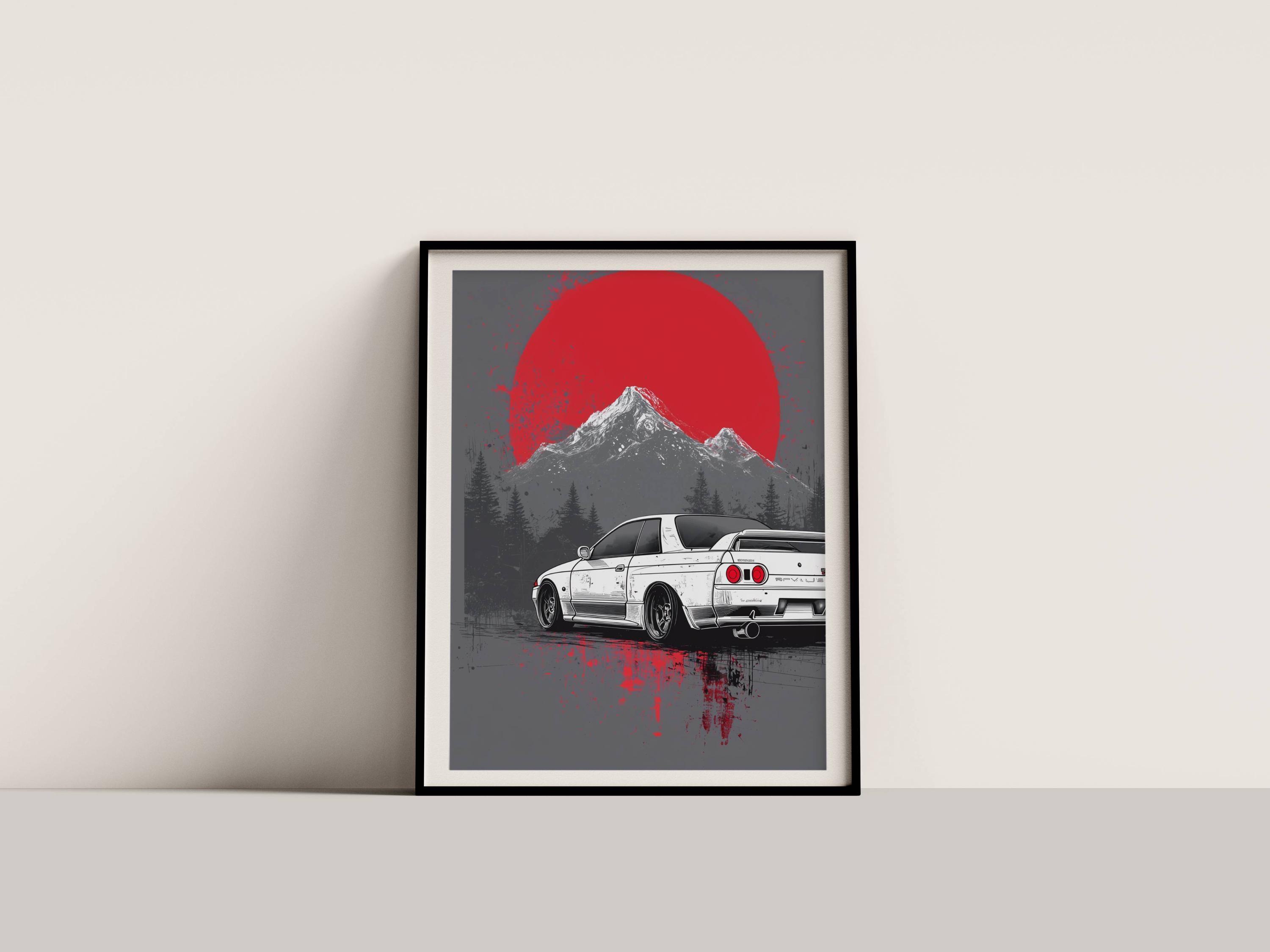 Good Graphics Gtr R32 White Nissan Skyline GTR R32 JDM Poster | Red Sun Mountain Graphic Wall ...