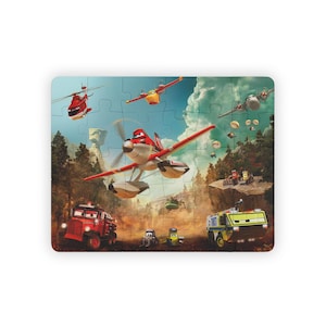 May include: A colorful jigsaw puzzle featuring various aircraft and vehicles in a forest setting. The puzzle includes a red and white airplane, a red fire truck, and a yellow and green fire truck.