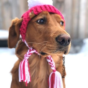 Puede incluir: Un golden retriever con un gorro de punto rosa y blanco hecho a mano con un pomp&oacute;n blanco y una bufanda trenzada a juego. El perro mira hacia un lado, con un fondo nevado. El sombrero tiene un peque&ntilde;o bot&oacute;n de madera.