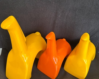 Vintage Mid Century Jaru Cubist Ceramic Horse Figurines | Glossy Orange & Yellow Finish | Equine Tabletop Sculptures | Animal Art | 1960s