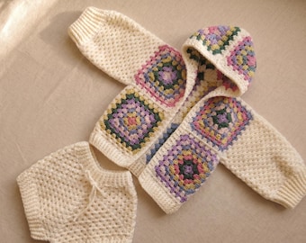 Granny Square Baby Set, Crochet Toddler Outfit, Hooded Cardigan & Shorts Gift, Boho