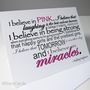 Lot de 6 cartes I Believe in Pink, citation d'Audrey Hepburn, lot de cartes inspirantes, carte Miracles, remède contre le cancer du sein, AH101