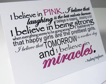 I Believe in Pink Card Set of SIX, Audrey Hepburn Quote, Inspirational Card Set, Miracles Card, Breast Cancer Cure, AH101