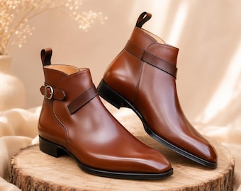 Handgefertigte Cognac Lederstiefel für Herren - Luxus-Knöchelriemen-Kleidstiefel für Männer
