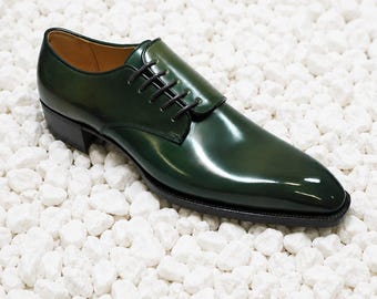 Handmade Dark Green Leather Derby Shoes, Men’s Formal Dress Shoes, Elegant Lace-Up Wedding Footwear