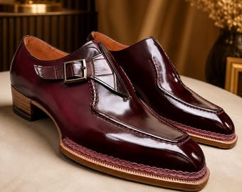 Handgemachte Burgunder Leder Monk Strap Kleid Schuhe, formelle Hochzeit Schuhe
