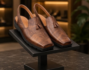Men's Handmade Brown Leather  Sandals with Tassel Slip-On Traditional Casual Comfortable Everyday Footwear