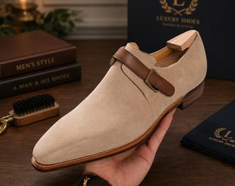 Handgefertigte Beige Wildleder Monk Strap Schuhe für Männer - Formelle Lederschuhe