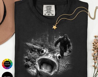 Funny frog T-shirt with Bigfoot, Vintage Graphic Tee for Cryptid Lovers