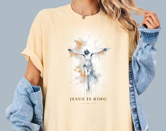 Jesus is King Watercolor Sketch T-Shirt, Butter Yellow Comfort Colors Oversized Faith Tee
