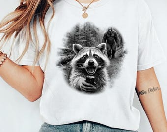 Raccoon Selfie T-Shirt: Bigfoot Forest Scene, Black & White Graphic Tee