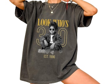 Look who' 30 T-shirt, Retro Bootleg Shirt with Childhood Photo Tee