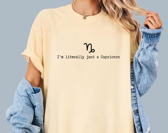 Capricorn Zodiac T-Shirt, Typewriter Font, Butter Yellow Comfort Colors (100% Cotton)