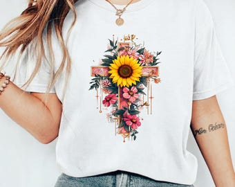 Floral Cross T-shirt, Boho Christian Shirt with Gold Pink Floral Faith Design