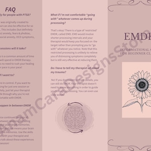 May include: A brochure titled "EMDR Informational Guide for Beginner Clients" with a sunflower illustration. The brochure's FAQ section addresses EMDR therapy, including its effectiveness for various conditions and the number of sessions.