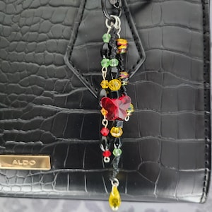Red Crystal Butterfly Bag Charm, Woven Wax String, Black Heart Gothic Keychain Accessory
