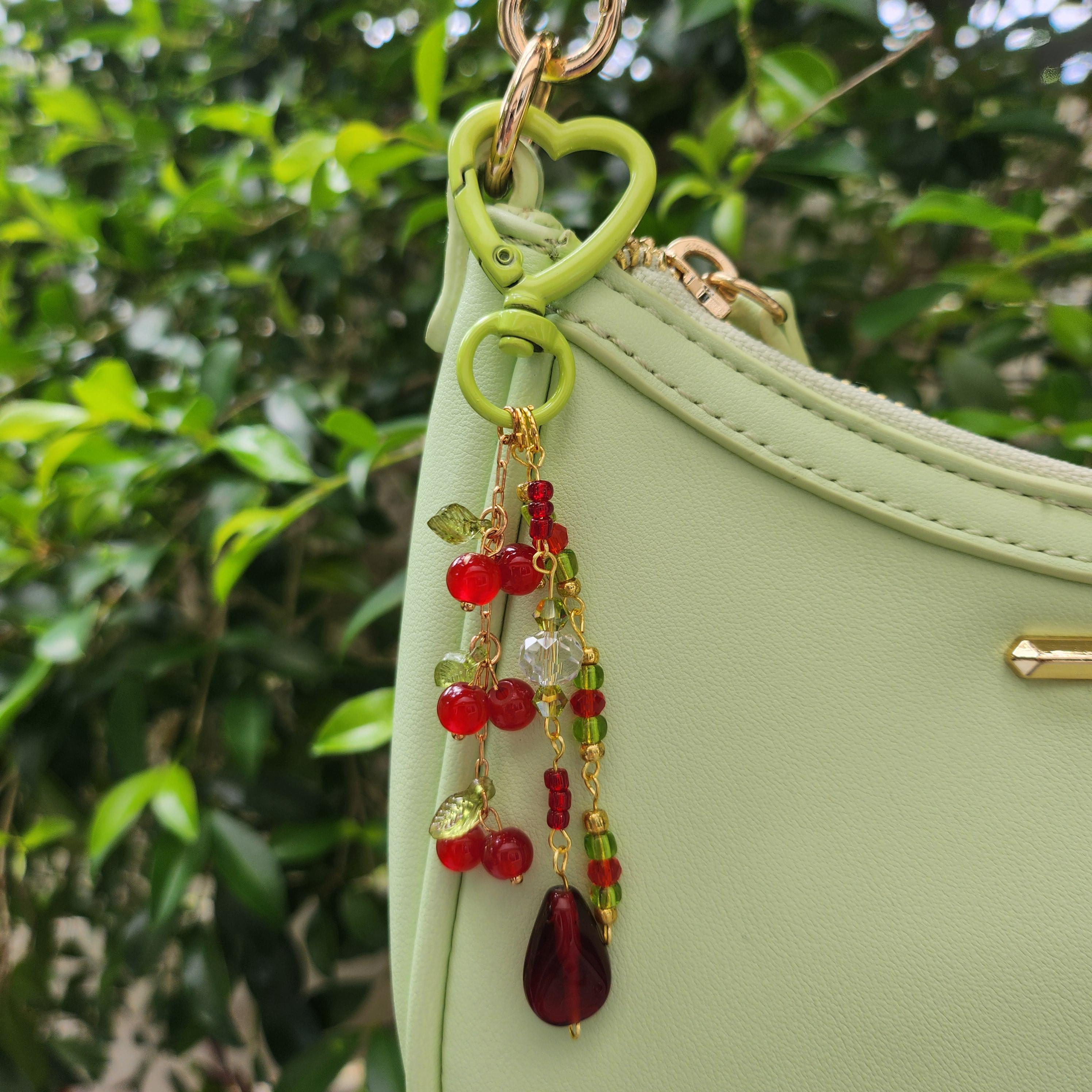 Handcrafted Cherry Bag Charm, Acrylic Fruit Beaded Keychain, Cottagecore Accessory