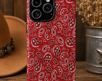 Red Bandana Phone Case, Western Paisley Cowgirl Cover, Country Aesthetic Rodeo Style, Southern Girl Tough Case Gift iPhone Samsung Google