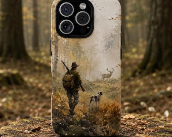 May include: A smartphone case featuring a printed illustration of a hunter with a backpack and rifle walking through a forest with a dog, while a deer stands in the distance. The design uses muted earth tones, including shades of brown, tan, and green.