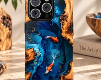 May include: A smartphone case featuring a vibrant design of two orange and white koi fish swimming in deep blue water, surrounded by natural wood grain patterns with gold flecks. The case has a triple-lens camera cutout at the top left corner.